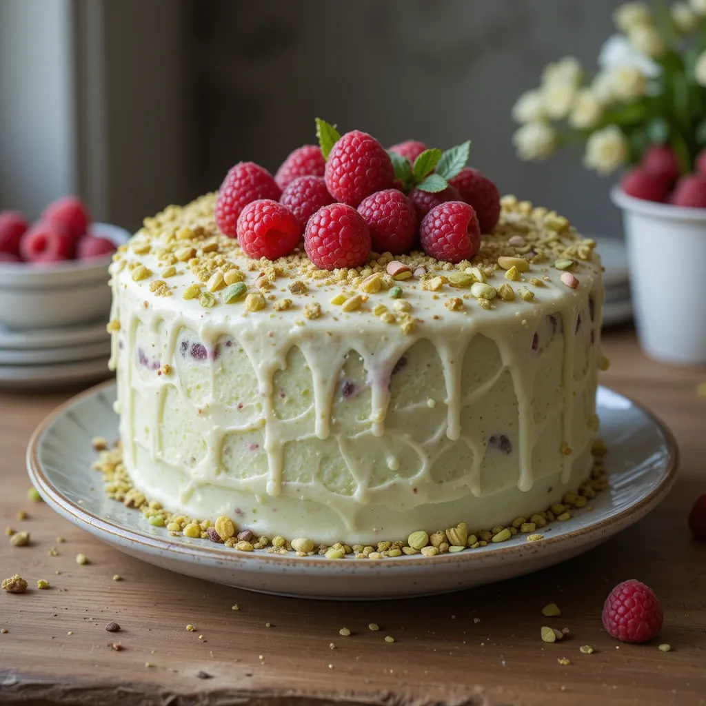A beautifully decorated Pistachio Raspberry Cake with layers of moist pistachio sponge, raspberry filling, and a creamy frosting, garnished with crushed pistachios and fresh raspberries.