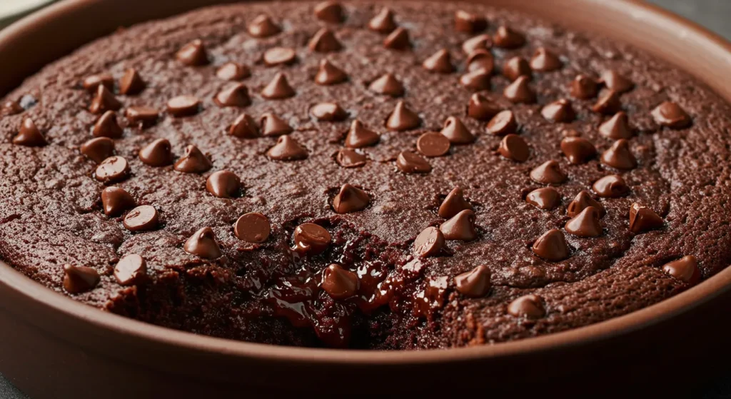 A freshly baked chocolate dump cake in a baking dish, topped with gooey melted chocolate and a scoop of vanilla ice cream. The rich, fudgy texture is visible as a spoon lifts a serving.