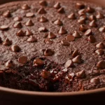A freshly baked chocolate dump cake in a baking dish, topped with gooey melted chocolate and a scoop of vanilla ice cream. The rich, fudgy texture is visible as a spoon lifts a serving.