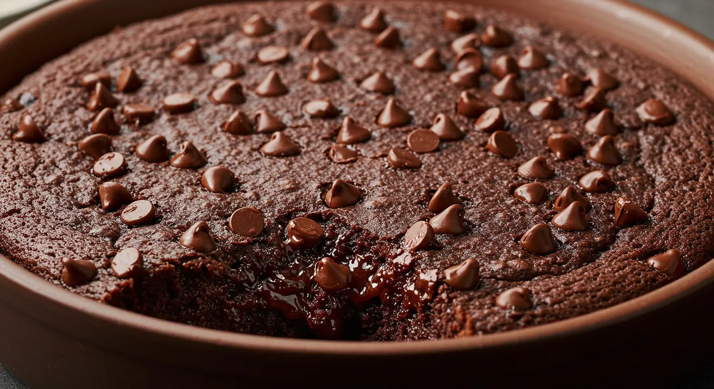 A freshly baked chocolate dump cake in a baking dish, topped with gooey melted chocolate and a scoop of vanilla ice cream. The rich, fudgy texture is visible as a spoon lifts a serving.